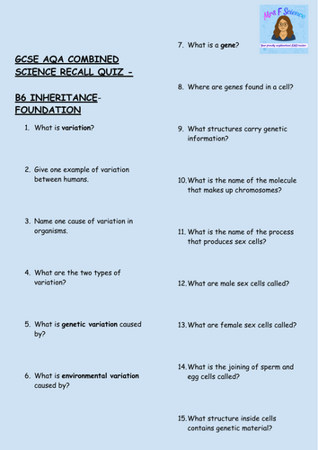 GCSE Biology B6 Inheritance, Variation & Evolution – 30 Foundation Tier Retrieval Questions | AQA