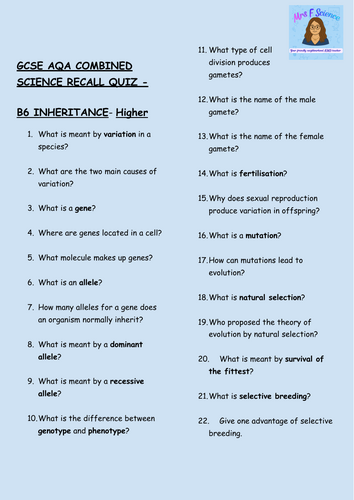 GCSE Biology B6 Inheritance, Variation & Evolution – 30 Higher Tier Retrieval Questions | AQA