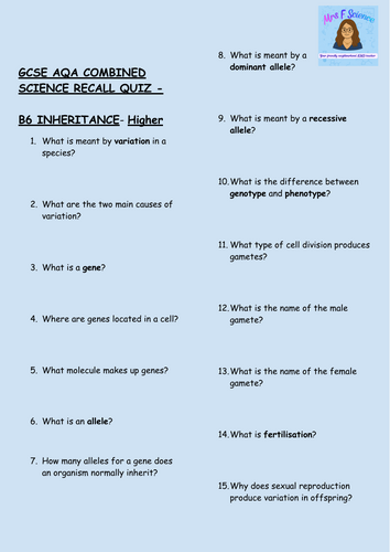 GCSE Biology B6 Inheritance, Variation & Evolution – 30 Higher Tier Retrieval Questions | AQA