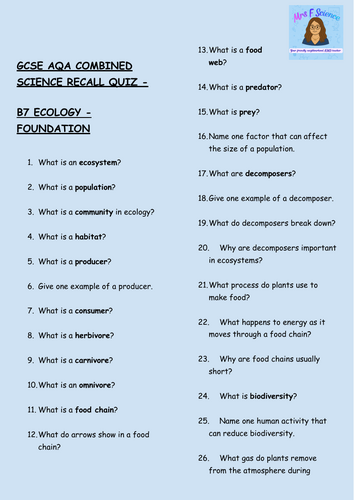 GCSE Biology B7 Ecology – 30 Foundation Tier Retrieval Questions | AQA