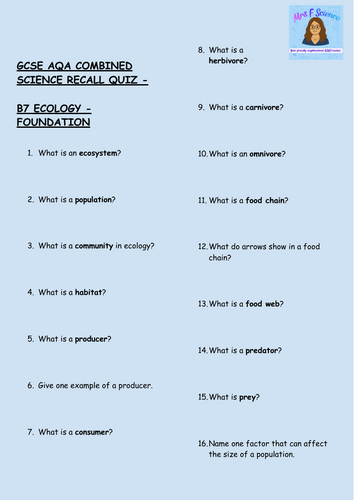 GCSE Biology B7 Ecology – 30 Foundation Tier Retrieval Questions | AQA