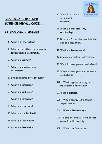 GCSE Biology B7 Ecology – 30 Higher Tier Retrieval Questions | AQA