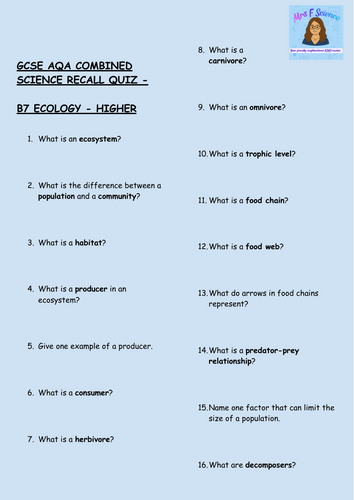 GCSE Biology B7 Ecology – 30 Higher Tier Retrieval Questions | AQA