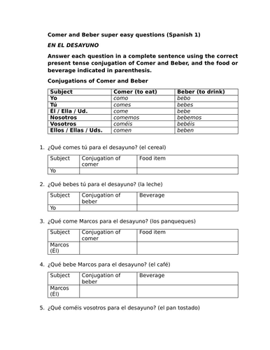 Comer and Beber super easy questions (Spanish 1)