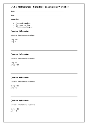 GCSE Simultaneous Equations Worksheet