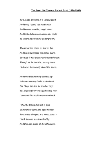 The Road Not Taken - Robert Frost - Reading and question activity