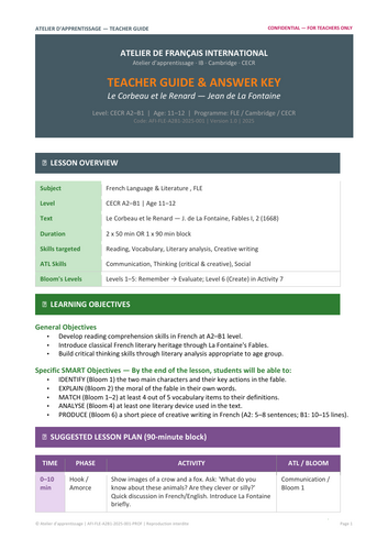 Kit Pédagogique _ Le Corbeau et le renard de Jean de la Fontaine _ FrançaisLanguePremière/FLE