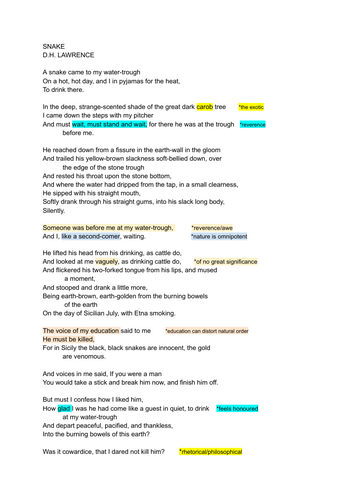 An in-depth analysis of the poem "Snake" by D.H. Lawrence: A LEVEL