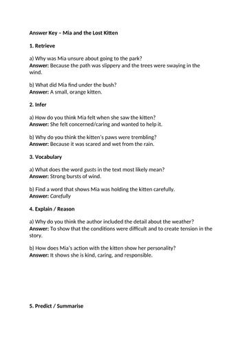 Year 4 Reading Comprehension – Fiction Text & Questions with Answers