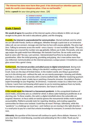 GRADE 9 Speech Model Answer - annotations & advice