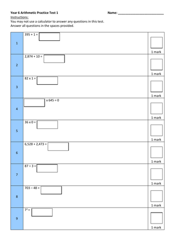 Year 6 SATs Arithmetic Practice Tests 1