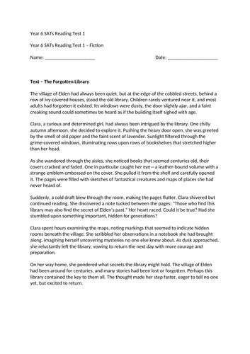 Year 6 SATs Reading Test 1 – Fiction, 36 Questions, 40 Marks