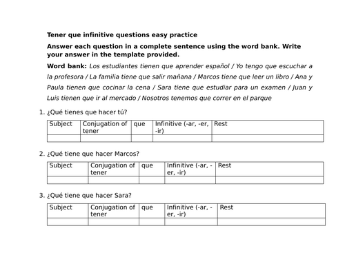 Tener que infinitive questions easy practice