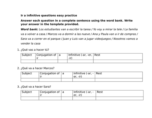 Ir a infinitive questions easy practice