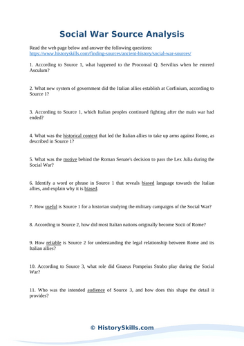 Ancient Roman Social War Source Analysis Worksheet