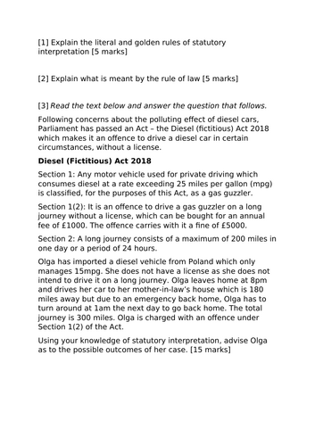 A-Level Law: 2019 Statutory Interpretation Model Plan + Answer - Eduqas English Legal Systems
