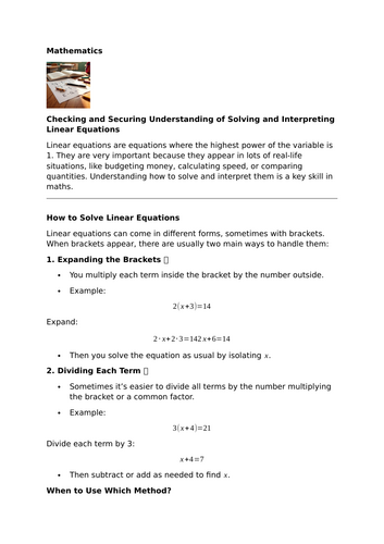 Solving and Interpreting Linear Equations