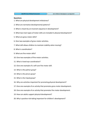 Unit 1 Children’s Development – Learning Aim B Retrieval Quiz (BTEC Early Childhood Development)