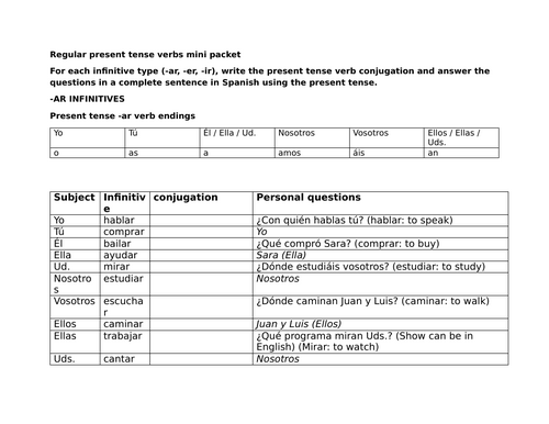 Regular present tense verbs mini packet