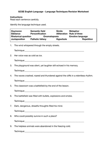 GCSE English Language Techniques Worksheet | Techniques Identification Practice
