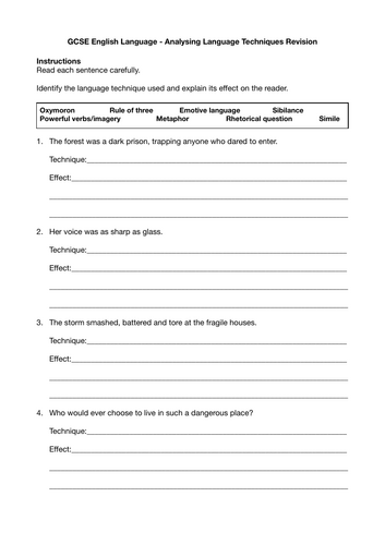 GCSE English Language Techniques Worksheet | Identifying & Analysing Language Techniques