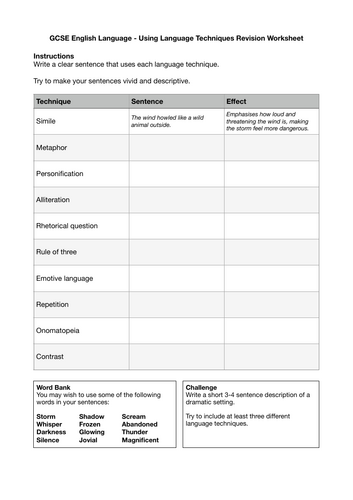 GCSE English Language Techniques Worksheet | Write Your Own Examples