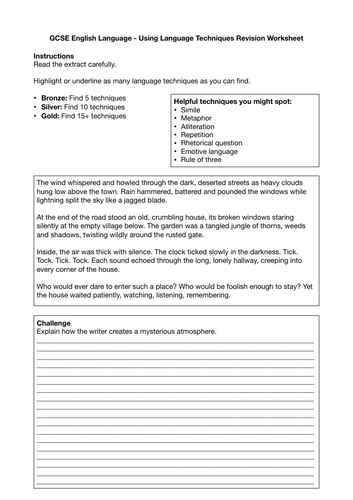 GCSE English Language Techniques Worksheet | Spot the Techniques in an Extract