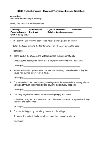 GCSE English Language Structural Techniques Worksheet | Identifying Structure (AQA Paper 1 Q3)