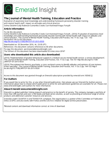 Evaluation of awareness level knowledge and understanding framework personality disorder training