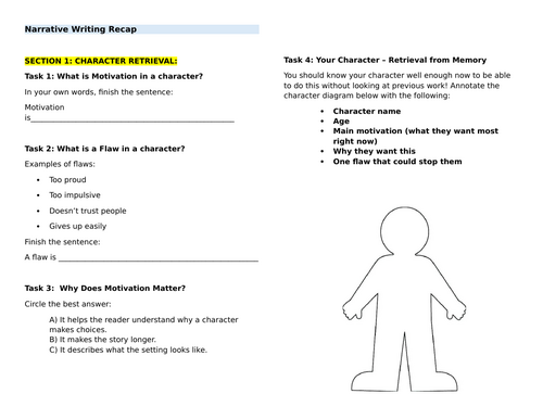 Narrative Writing Revision/Recap Worksheets