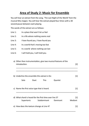 Area of Study 2: Music for Ensemble Listening Question