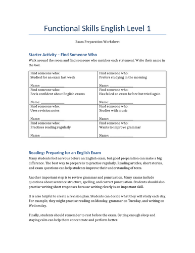 Level 1 Functional Skills English Exam Practice, all skills
