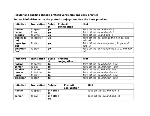 Regular and spelling change preterit verbs nice and easy practice