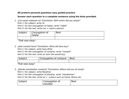 AR verbs preterit personal questions easy guided practice