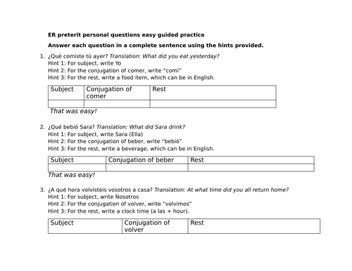 ER preterit personal questions easy guided practice