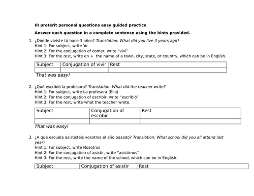 IR verbs preterit personal questions easy guided practice