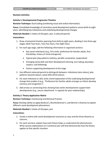 Unit 1 Learning Aim F Activity Pack – Child Development  Revision, Worksheets & Assessment Prep