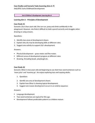 Unit 1 Children’s Development – Learning Aims A–F Case Study Pack  12 Scenario Tasks with Answer