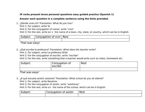 IR verbs present tense personal questions easy guided practice (Spanish 1)