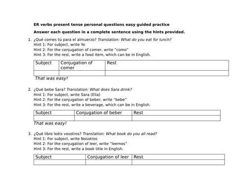 ER present tense verbs personal questions easy guided practice (Spanish 1)