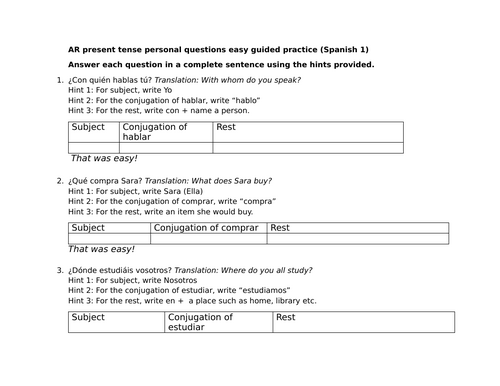 AR verbs present tense personal questions easy guided practice (Spanish 1)