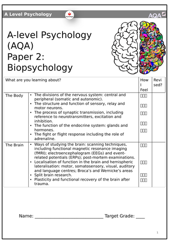 AQA A-level Psychology: Biopsychology Workbook/Booklet