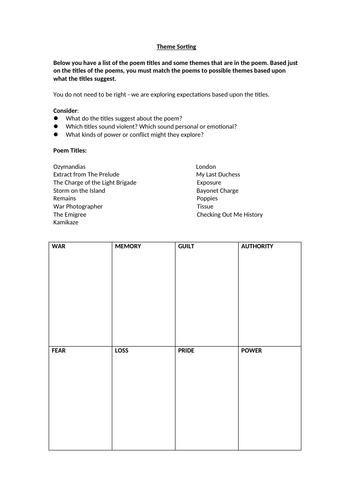 Power and Conflict - Themes Worksheet