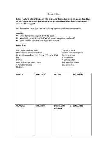 Worlds and Lives - Themes Worksheet