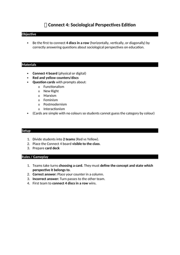 Sociology Revision - Perspectives on Education - Connect 4