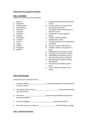 Worlds and Lives Vocabulary Worksheet