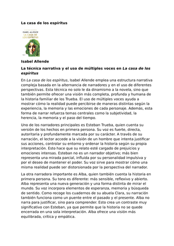 La casa de los espíritus – Isabel Allende – Narrative Technique and the Use of Multiple Voices