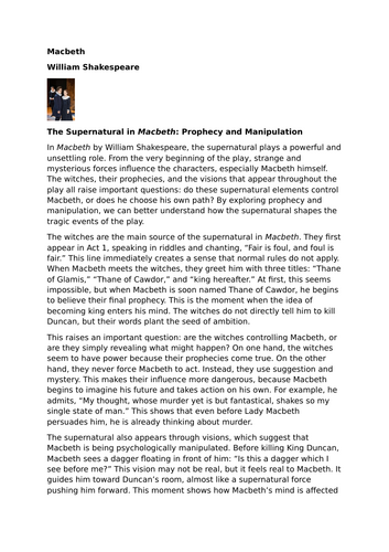 Macbeth – William Shakespeare – The Supernatural: Prophecy and Manipulation