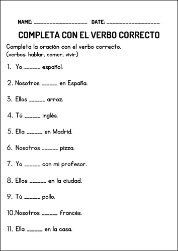 Cuaderno de Actividades de Español para Principiantes Práctica de Verbos