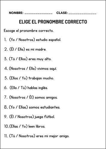 Spanish Subject Pronouns - Pronombres personales - Grammar Worksheets